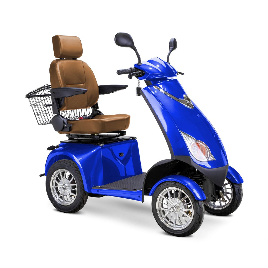 The Bespoke Platinum Recreational 4-Wheel Scooter with Electric Brake Assist features a brown cushioned seat, armrests, rear metal basket, and handlebars—ideal personal transport for those seeking smart technology in a mobility scooter.